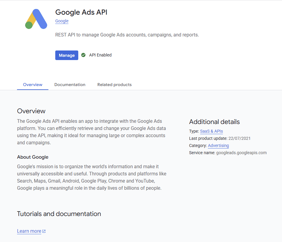Enable the Google Ads API from the Google Cloud Console