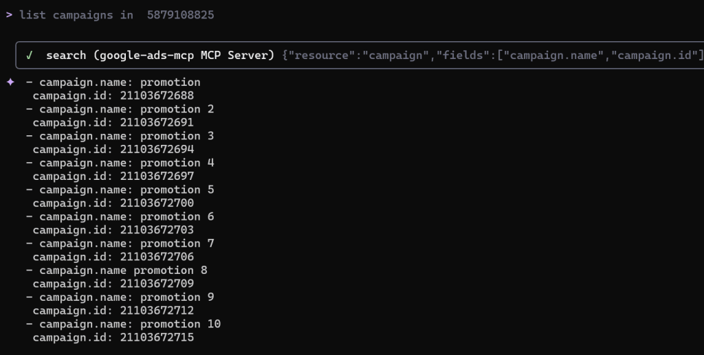 Use simple language or direct queries to get answers in the Gemini CLI from the Google Ads MCP