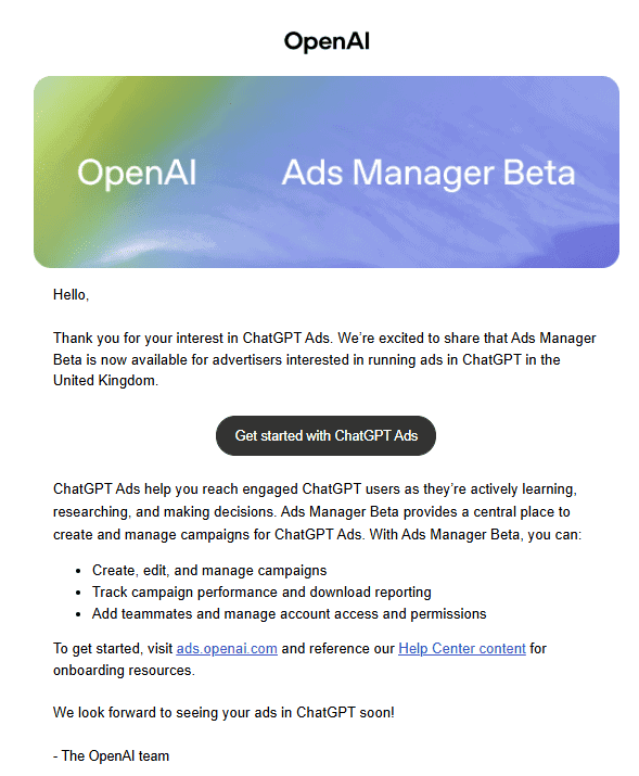 OpenAI ads manager invitation email