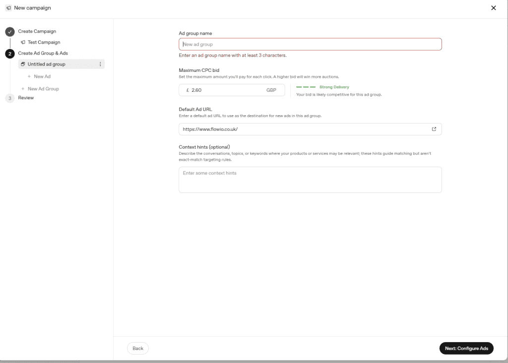 Setting up an adgroup in GPT ads