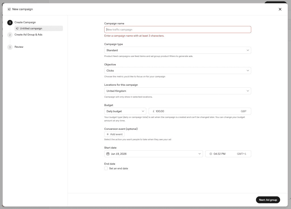 Setting up a campaign in GPT ads manager
